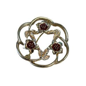 Sarah Coventry Gold Tone Floral Brooch Pin Red Enamel Accents Textured‎ Leaves